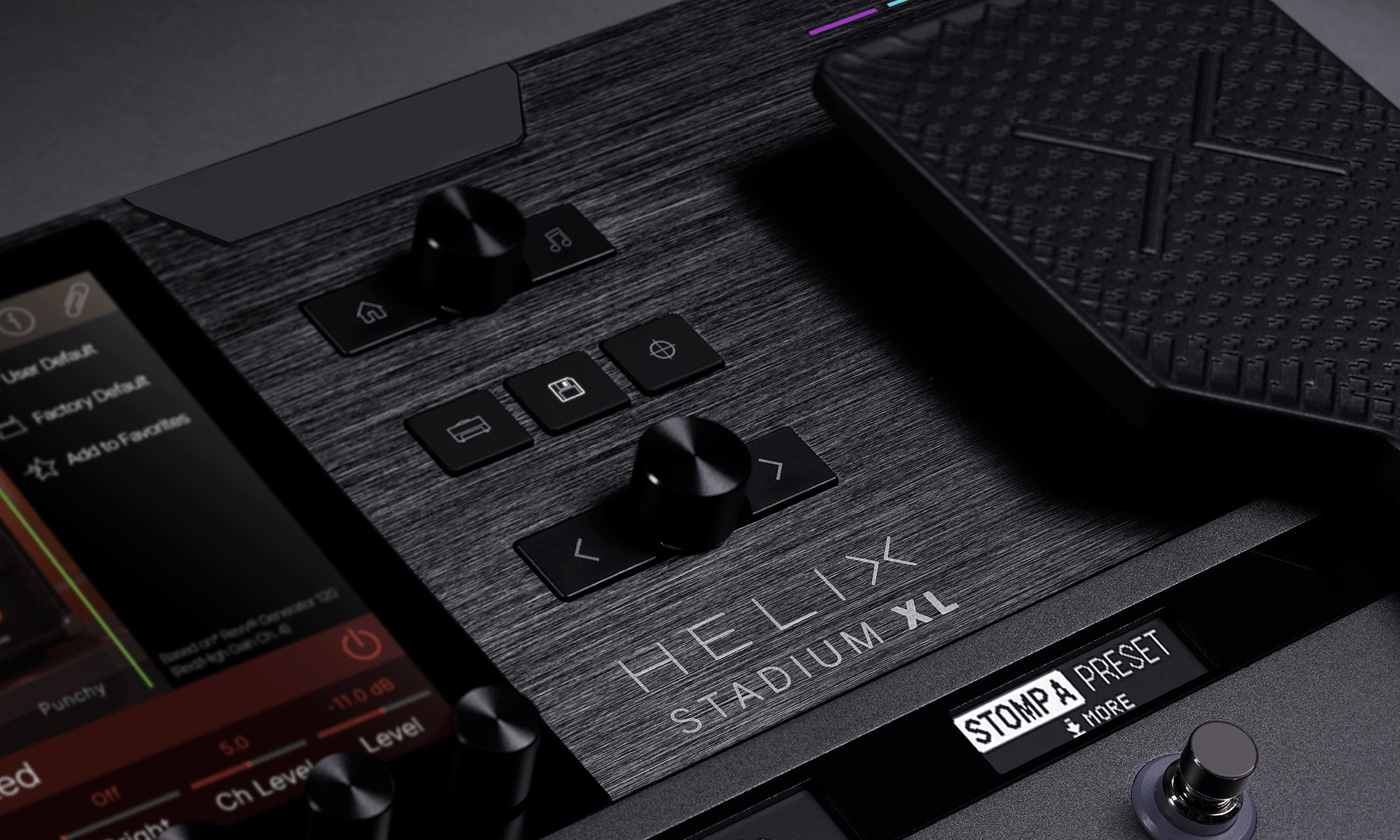 Close-up of Helix Stadium logo and control knobs